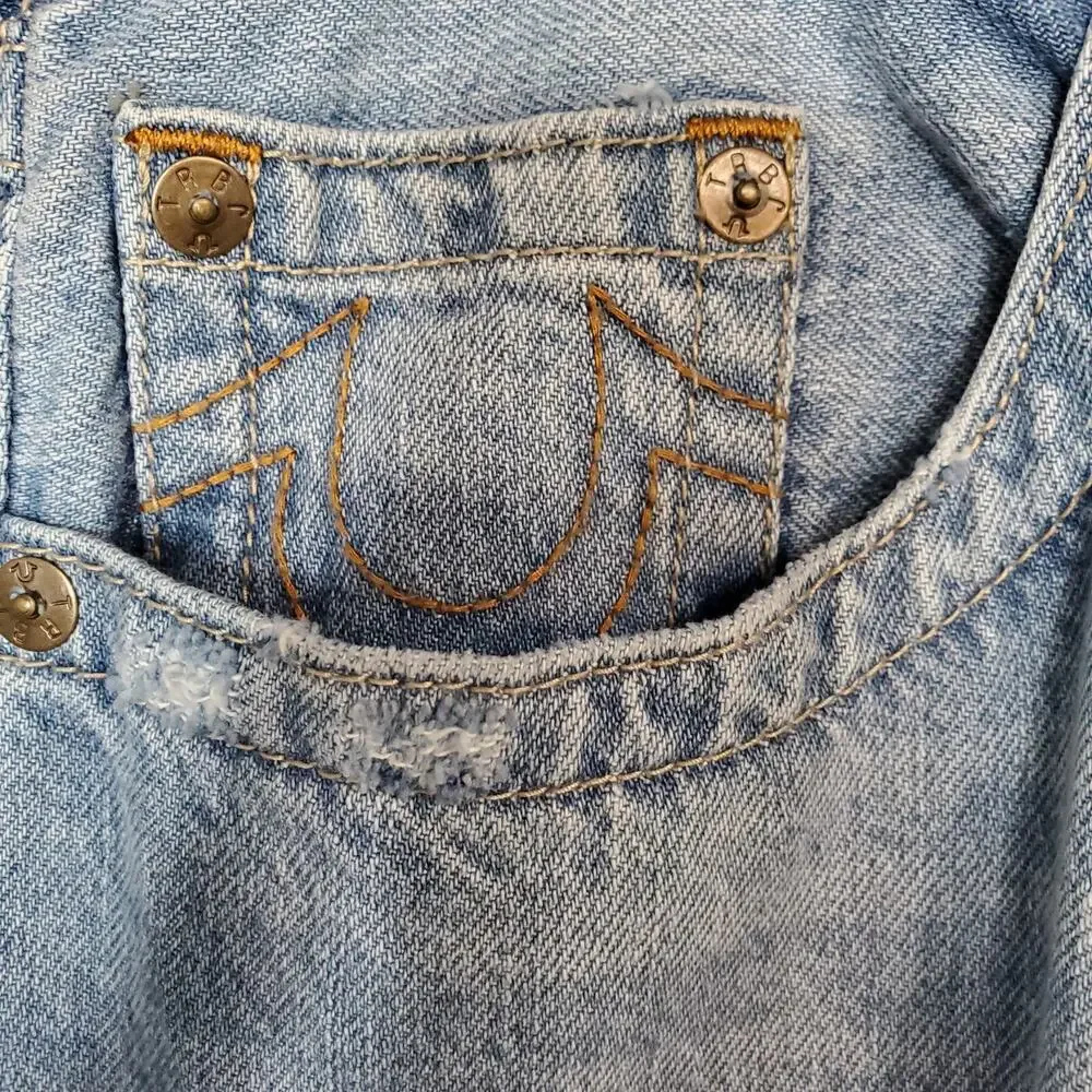 True Religion Brand Mens Jeans Ricky Relaxed Straight Leg SZ 34 Blue Distressed